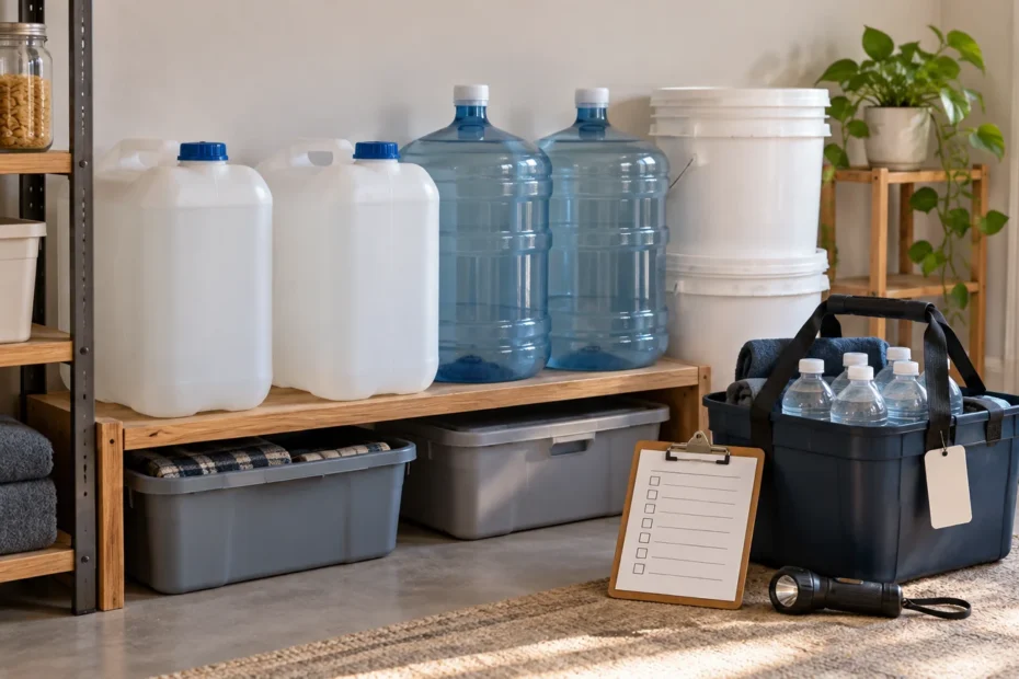 Organized home emergency supplies with large water containers, bottled water in a portable tote, storage bins, blankets, a blank checklist on a clipboard, and a flashlight.
