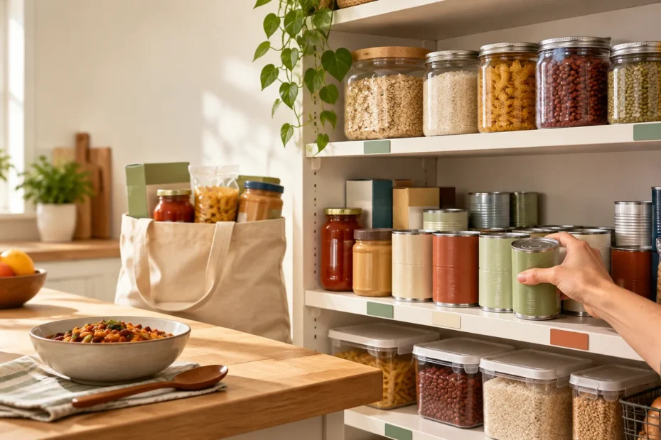 A hand selects a can from an organized pantry of dry goods, canned foods, and storage containers beside a bowl of prepared food.