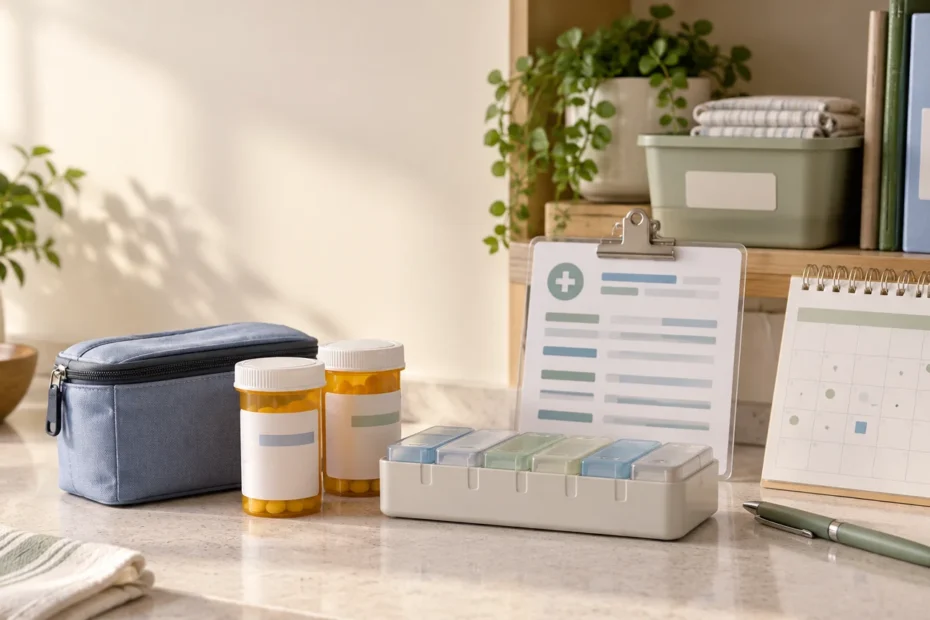 Organized medication-preparedness supplies on a countertop, including two prescription bottles, a weekly pill organizer, a zippered case, a calendar, and a checklist clipboard.