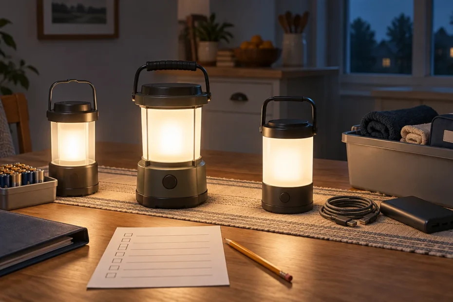 Three glowing lanterns sit on a dining table with a tray of batteries, a charging cable, a power bank, a blank checklist, and an emergency bin with folded blankets.