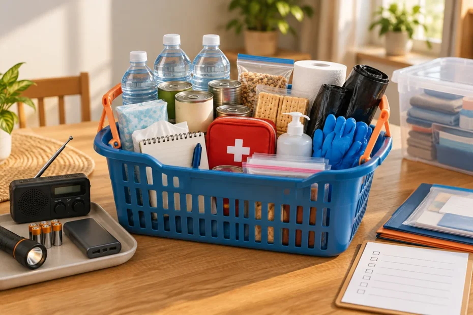 Organized household emergency supplies on a table, including bottled water, canned food, crackers, a first-aid pouch, gloves, a flashlight, batteries, a radio, power bank, checklist, folders, and storage bins.