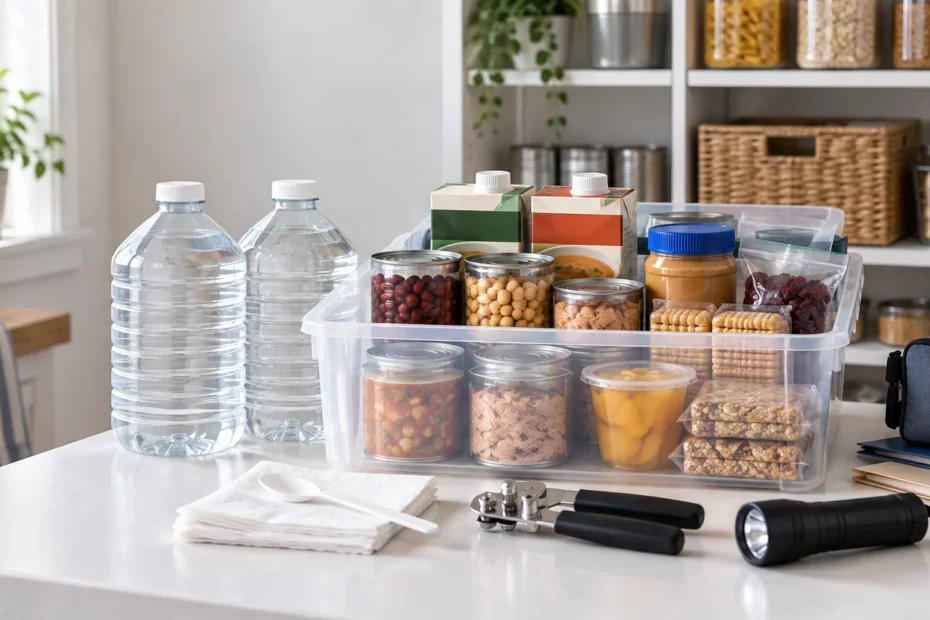 Organized emergency food supplies on a kitchen table, including bottled water, canned beans and tuna, boxed shelf-stable food, crackers, dried fruit, granola bars, a flashlight, can opener, napkins, and a storage bin.