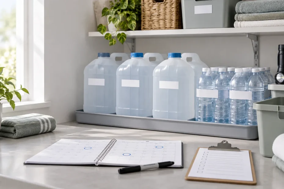 Organized household emergency supplies on shelves, including large labeled water jugs, bottled water, a flashlight, a portable radio or speaker, storage bins, towels, a calendar, and a checklist.