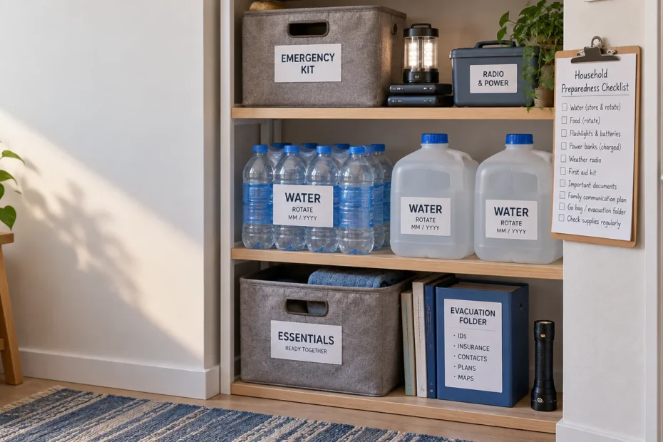 Organized home shelving with labeled emergency water bottles and jugs, an emergency kit bin, radio and power supplies, a lantern, flashlight, evacuation folder, and a household preparedness checklist beside an apartment doorway.