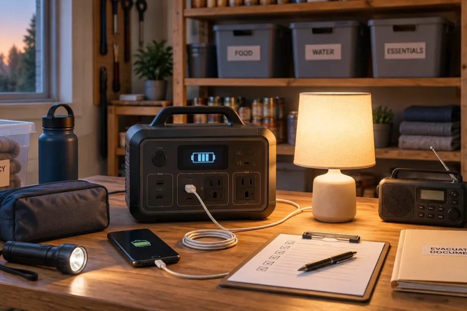 Organized home emergency-preparedness table with a portable power station charging a phone, a lit lamp, flashlight, weather radio, checklist, water bottle, and labeled storage bins.