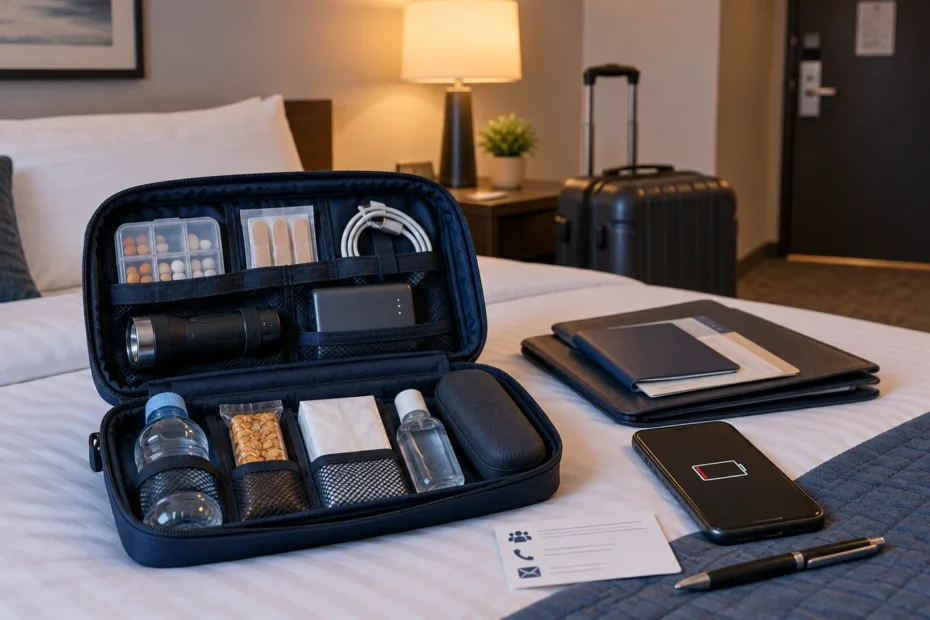 Open black travel emergency kit on a hotel bed with pill organizer, bandages, charging cable, flashlight, power bank, water bottles, snacks, tissues, and a small bottle; suitcase, phone, folder, and contact card nearby.